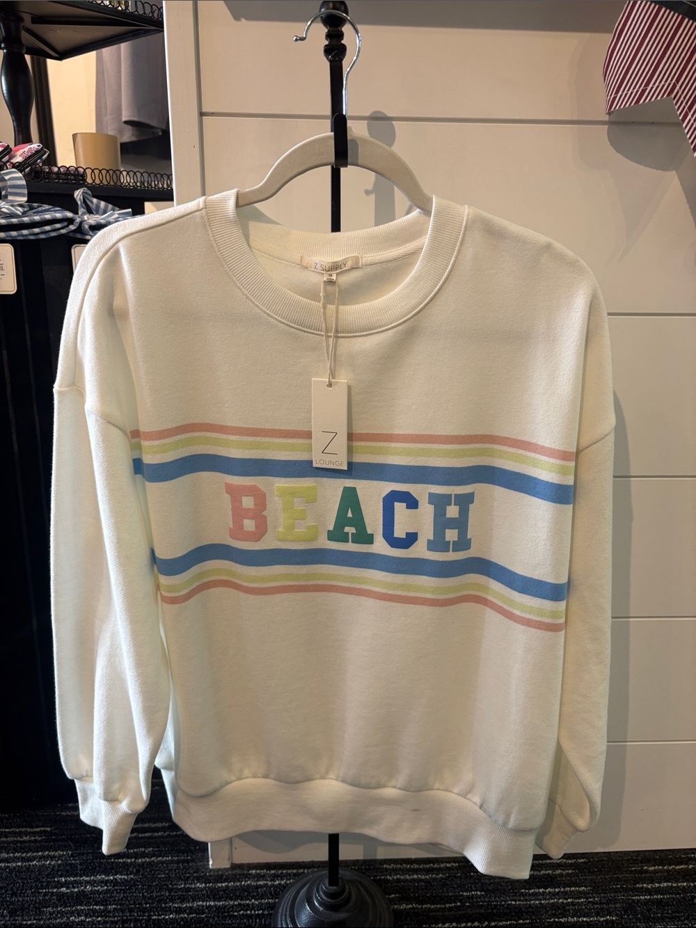 Z Lounge Women's Cream 'BEACH' Stripe Graphic Sweatshirt